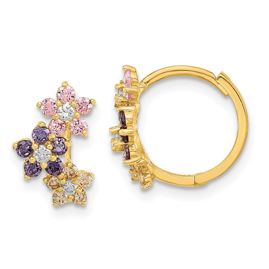 14K Madi K Flower Multicolor CZ Childrens Hinged Hoop Earrings