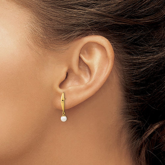 14K Madi K Polished 3-4mm White Near Round Freshwater Cultured Pearl Drop Post Earrings