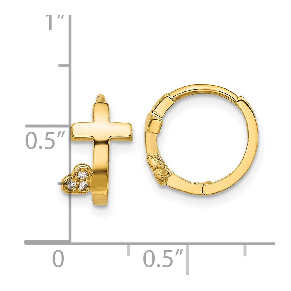 14k Madi K Polished Cross with CZ Heart Hinged Huggie Hoop Earrings