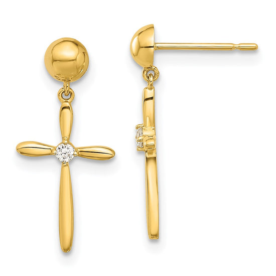 14k Madi K Polished CZ Cross Dangle Childrens Post Earrings