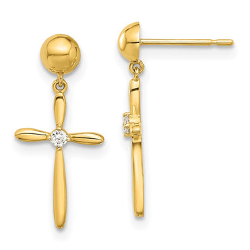 14k Madi K Polished CZ Cross Dangle Childrens Post Earrings