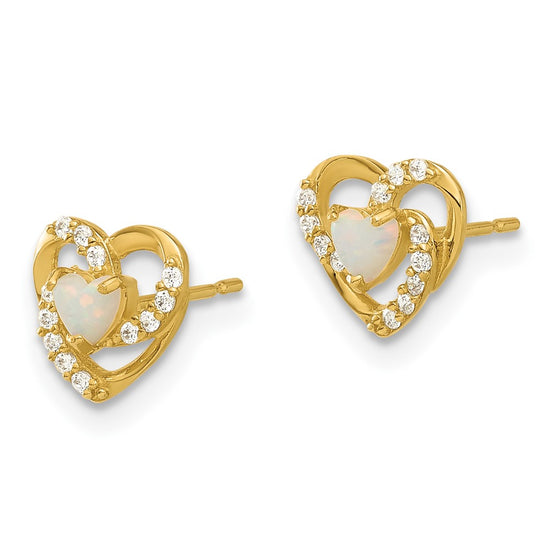 14k Madi K Polished Created Opal and CZ 7.5mm Heart Childrens Post Earrings