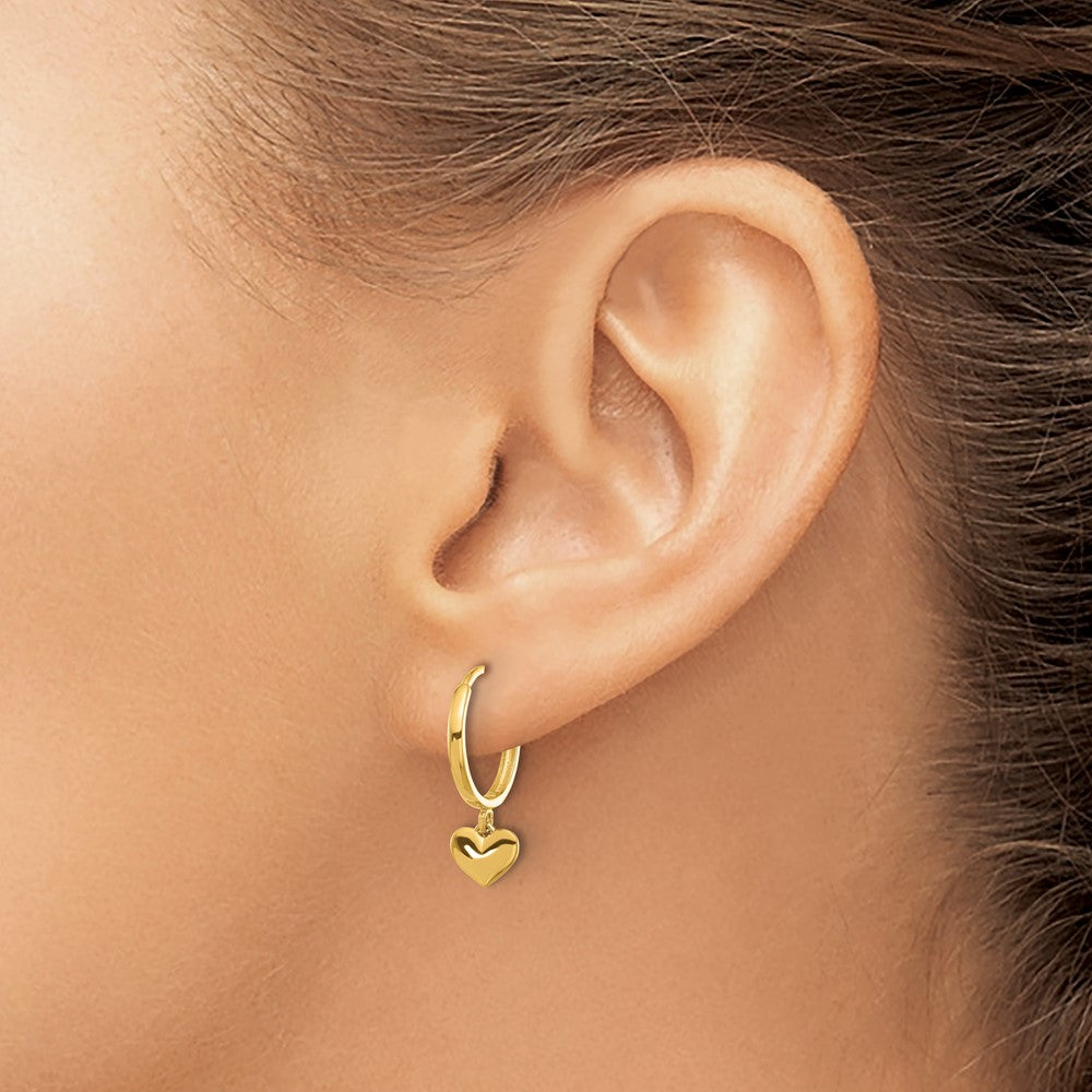 14k Madi K Polished Heart Dangle Childrens Hinged Hoop Earrings