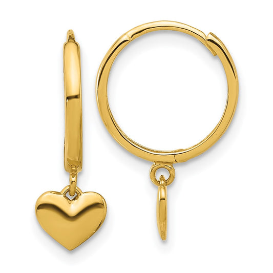 14k Madi K Polished Heart Dangle Childrens Hinged Hoop Earrings