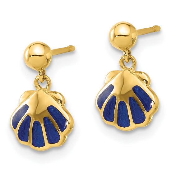 14k Madi K Polished Blue Enameled Shell Dangle Childrens Post Earrings