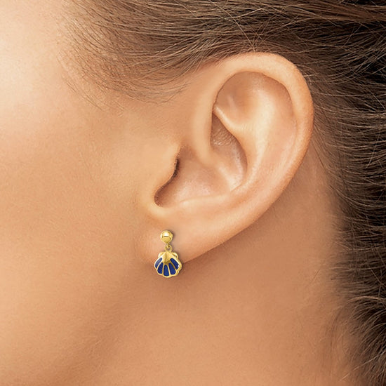 14k Madi K Polished Blue Enameled Shell Dangle Childrens Post Earrings