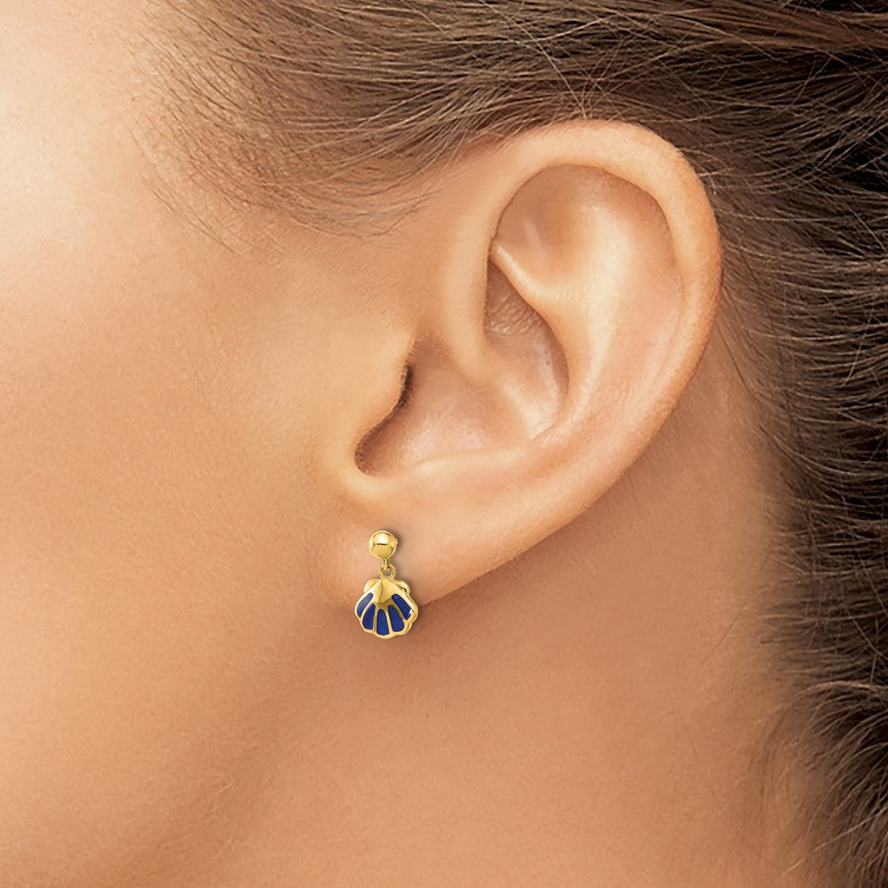 14k Madi K Polished Blue Enameled Shell Dangle Childrens Post Earrings