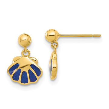 14k Madi K Polished Blue Enameled Shell Dangle Childrens Post Earrings