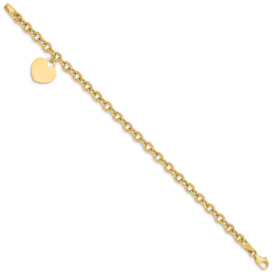 14K Engravable 18x15mm Solid Dangle Heart Charm and Hollow Chain 7.25 inch Bracelet