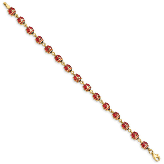 14K Red and Black Enamel and Resin Ladybug 7 inch Bracelet