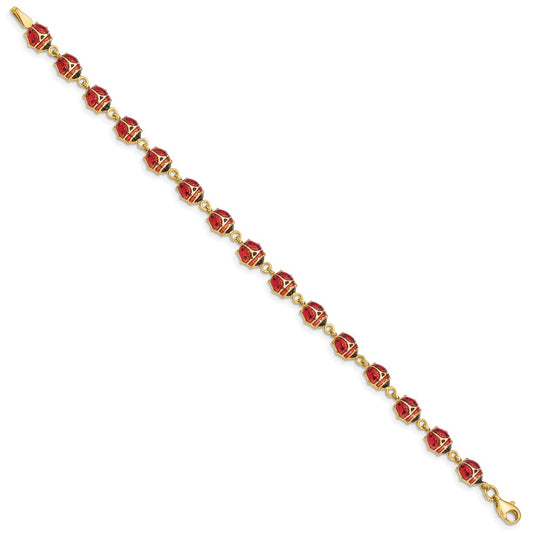 14K Red and Black Enamel and Resin Ladybug 7 inch Bracelet