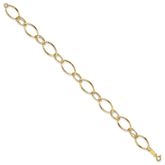 14K Polished and Textured Fancy Oval Link 7.25 inch Bracelet