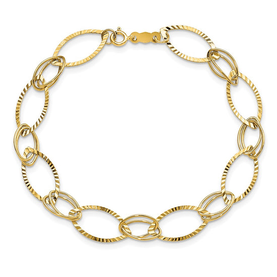 14K Polished and Textured Fancy Oval Link 7.25 inch Bracelet