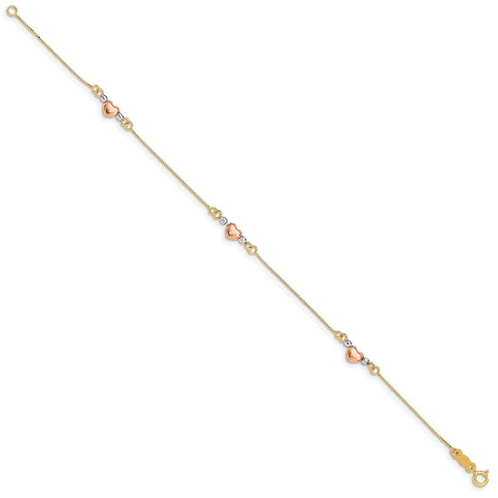 14K Tri-Color Puffed Heart 3-Station 7.25 inch Bracelet