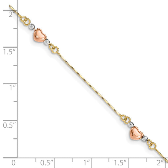 14K Tri-Color Puffed Heart 3-Station 7.25 inch Bracelet