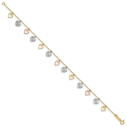 14K Tri-Color Textured Heart Dangle 7.25 inch Bracelet
