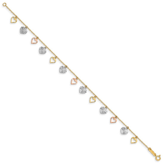 14K Tri-Color Textured Heart Dangle 7.25 inch Bracelet