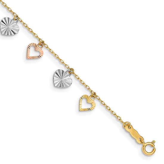 14K Tri-Color Textured Heart Dangle 7.25 inch Bracelet