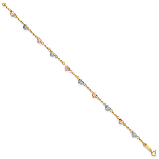 14k Tri-color Puffed Heart 6 inch Childs Bracelet