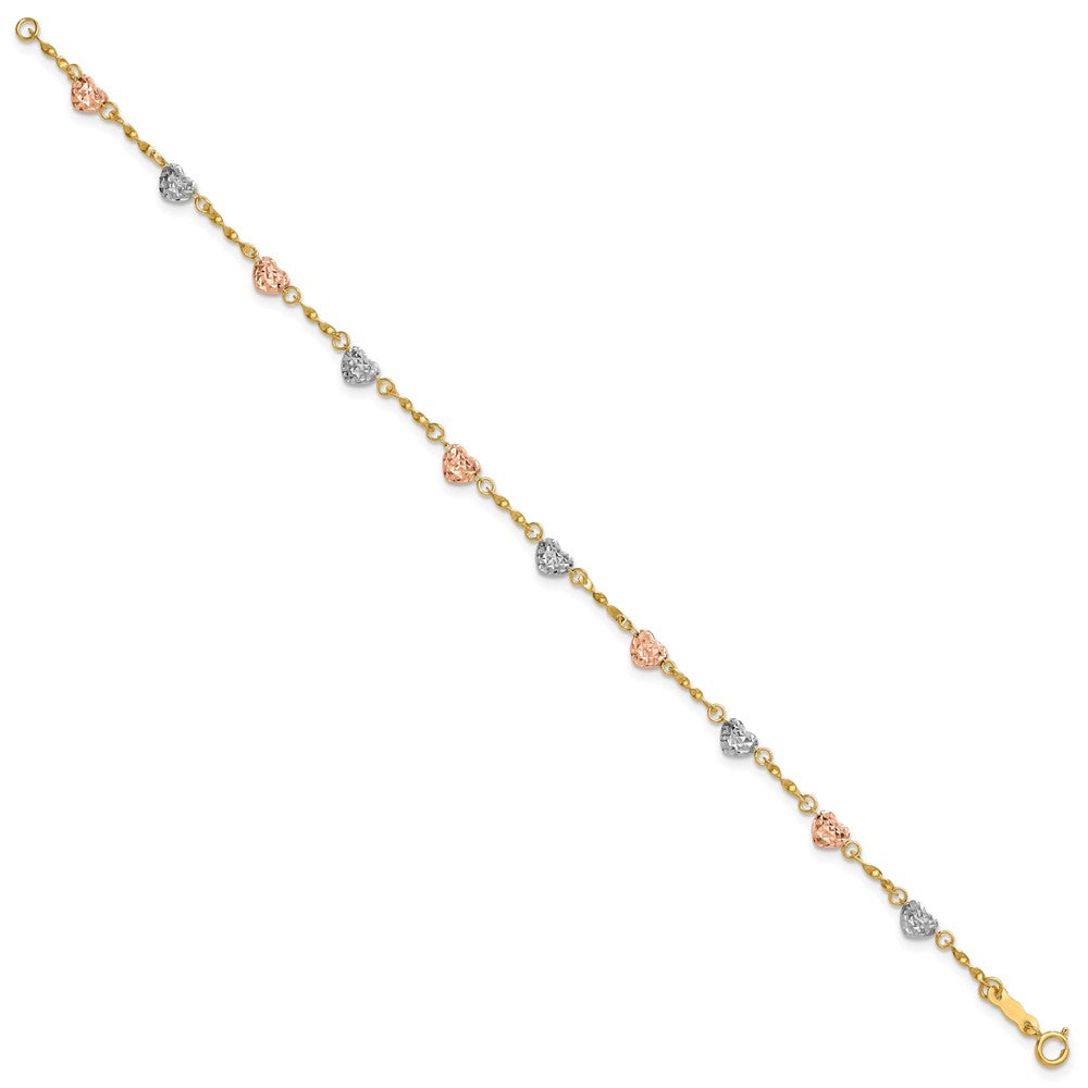 14k Tri-color Puffed Heart 6 inch Childs Bracelet