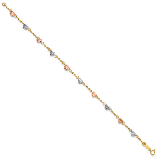 14k Tri-color Puffed Heart 6 inch Childs Bracelet