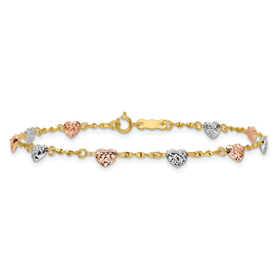 14k Tri-color Puffed Heart 6 inch Childs Bracelet