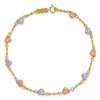 14k Tri-color Diamond-cut Puffed Heart 8 inch Bracelet