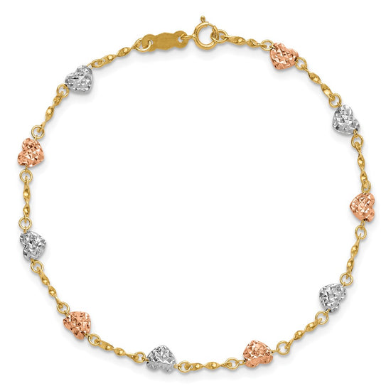 14k Tri-color Puffed Heart 6 inch Childs Bracelet