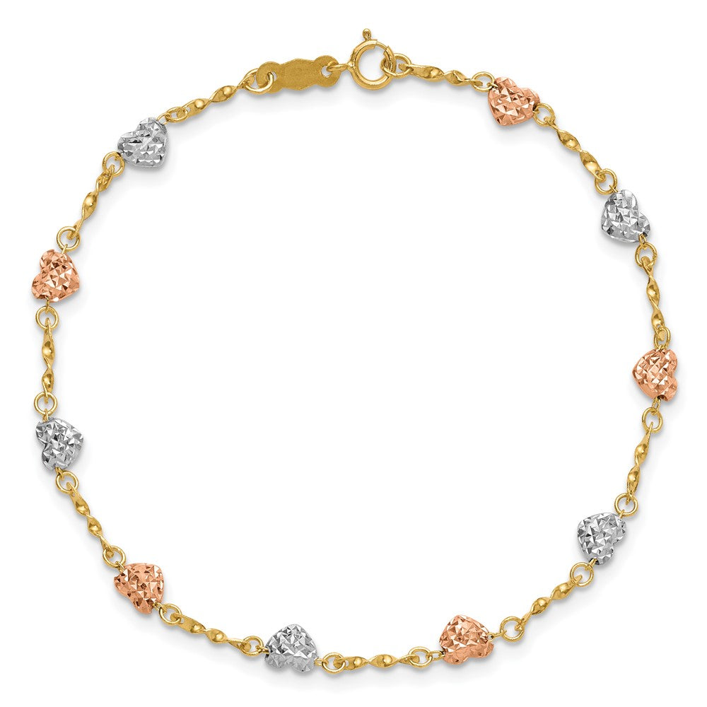 14k Tri-color Puffed Heart 6 inch Childs Bracelet