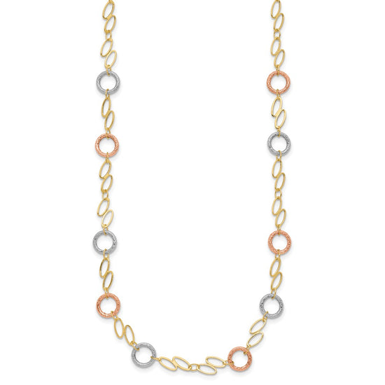 14k Tri-color Polished and Textured Round Circles and Ovals 18 inch Necklace