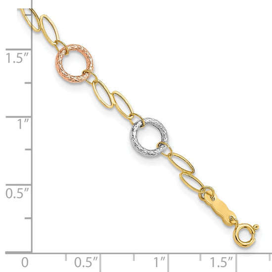 14k Tri-color Polished and Textured Round Circles and Ovals 7.25 inch Bracelet