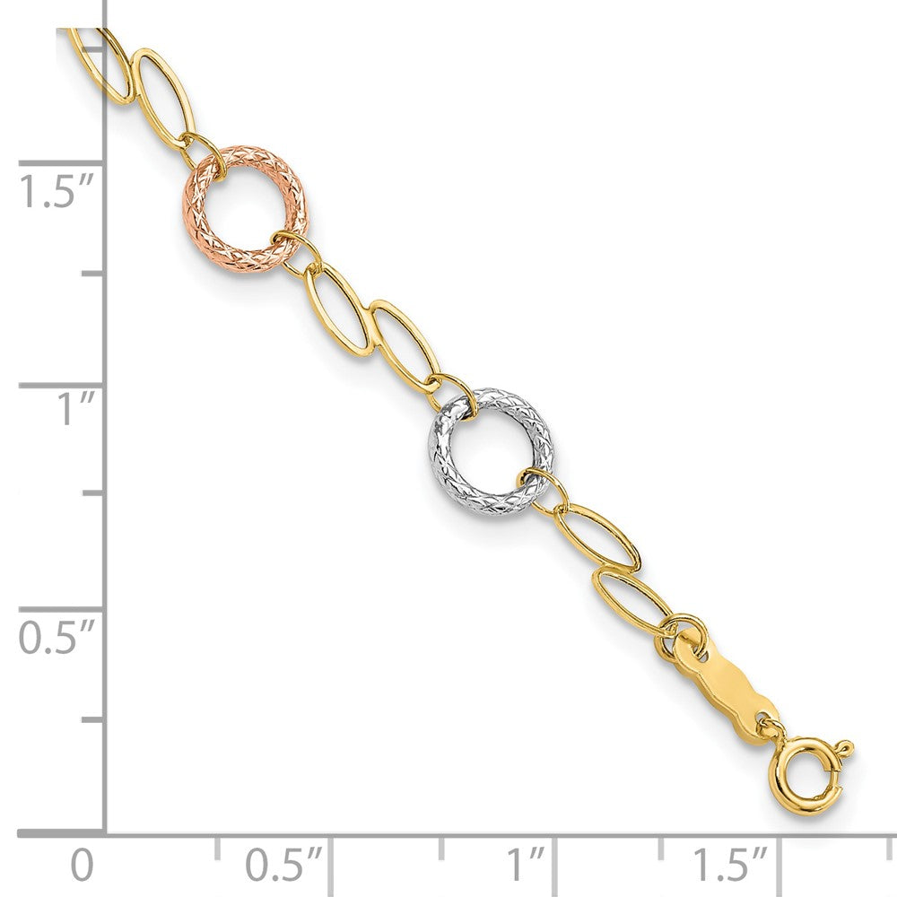 14k Tri-color Polished and Textured Round Circles and Ovals 7.25 inch Bracelet