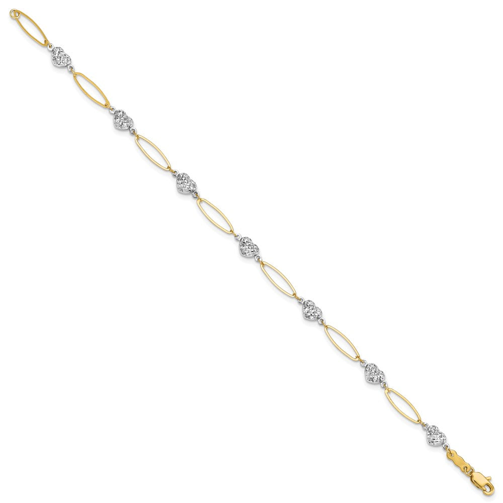 14k Two-tone Diamond-cut Puffed Heart and Flat Oval Link 7.25 inch Bracelet