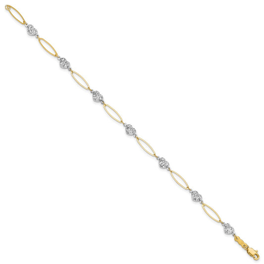 14k Two-tone Diamond-cut Puffed Heart and Flat Oval Link 7.25 inch Bracelet