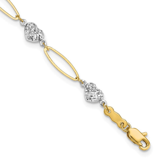 14k Two-tone Diamond-cut Puffed Heart and Flat Oval Link 7.25 inch Bracelet