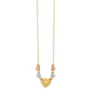 14k Tri-color Textured Puffed and Flat Hearts and Beads 18 inch Necklace