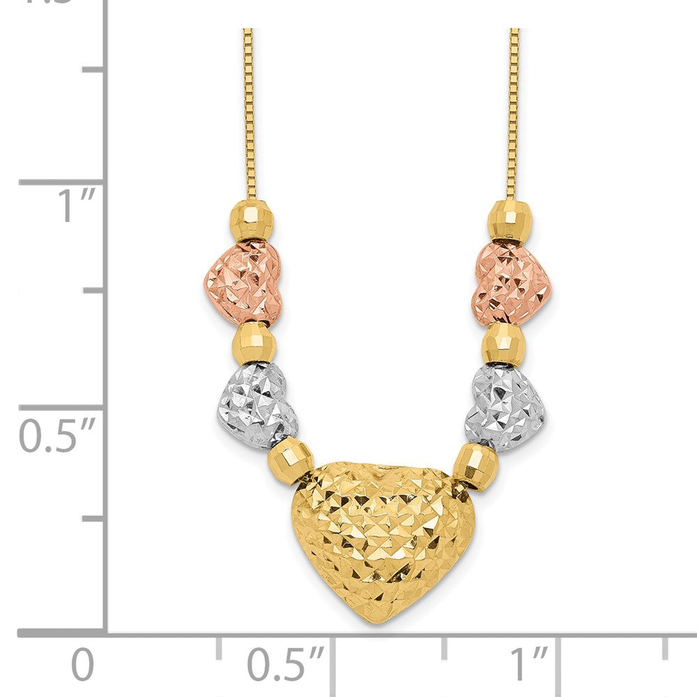 14k Tri-color Textured Puffed and Flat Hearts and Beads 18 inch Necklace