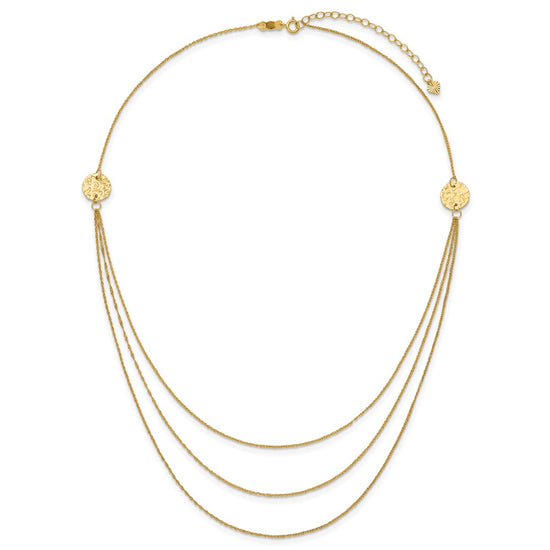 14K 3-Layer Ropa Chain Bib with Textured Side Circles 16 inch Necklace Plus 2 inch Extender