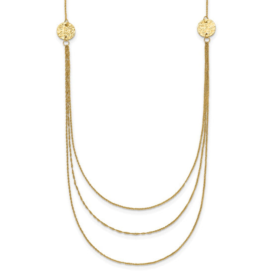 14K 3-Layer Ropa Chain Bib with Textured Side Circles 16 inch Necklace Plus 2 inch Extender