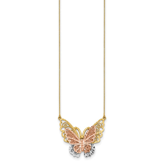 14k Yellow and Rose Gold with White Rhodium Large Filigree Butterfly 18 inch Necklace