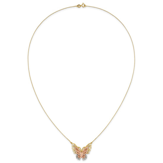 14k Yellow and Rose Gold with White Rhodium Large Filigree Butterfly 18 inch Necklace
