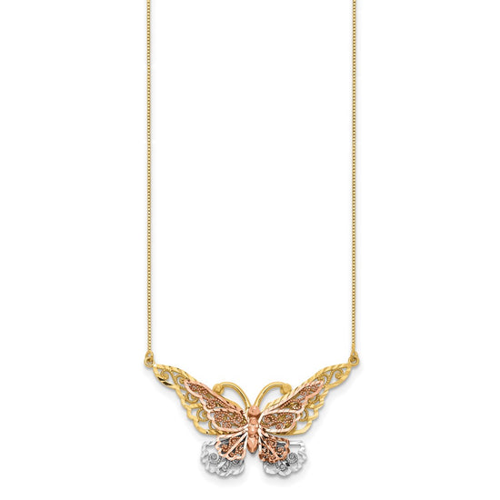 14k Yellow and Rose Gold with White Rhodium Large Filigree Butterfly 17 inch Necklace