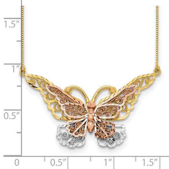 14k Yellow and Rose Gold with White Rhodium Large Filigree Butterfly 17 inch Necklace
