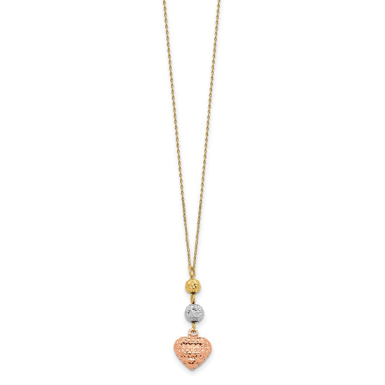 14K Tri-color Diamond-cut Beads and Puffed Heart 16 inch Necklace Plus 2 inch Extender