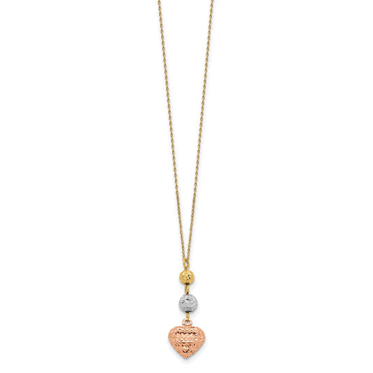 14K Tri-color Diamond-cut Beads and Puffed Heart 16 inch Necklace Plus 2 inch Extender