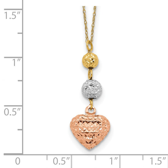 14K Tri-color Diamond-cut Beads and Puffed Heart 16 inch Necklace Plus 2 inch Extender