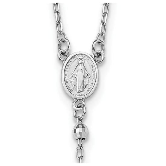 14k White Gold Polished Crucifix and Miraculous Medal with 3mm Mirror Beads 24 inch Rosary Necklace