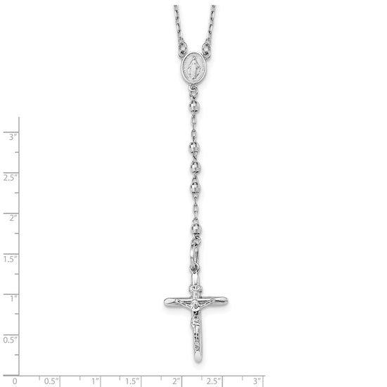 14k White Gold Polished Crucifix and Miraculous Medal with 3mm Mirror Beads 24 inch Rosary Necklace