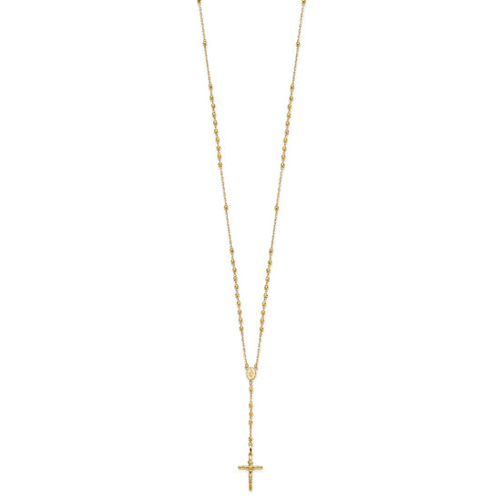 14k Polished Crucifix and Miraculous Medal with 3mm Mirror Beads Semi-solid 24 inch Rosary Necklace