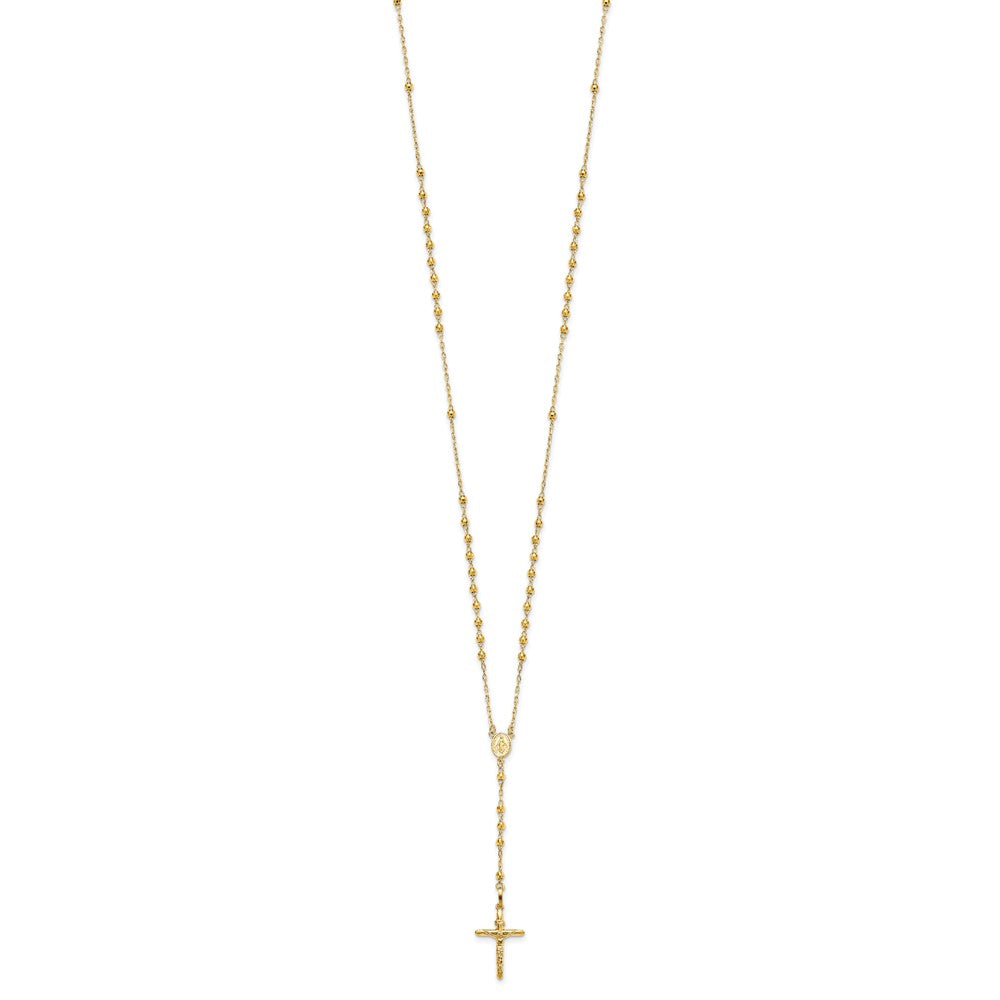 14k Polished Crucifix and Miraculous Medal with 3mm Mirror Beads Semi-solid 24 inch Rosary Necklace